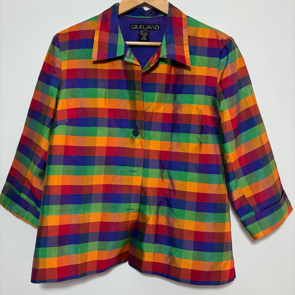 VTG 100% Silk Rainbow Stripped Blazer Jacket Women 12 SILKLAND Kidcore 90s Artsy